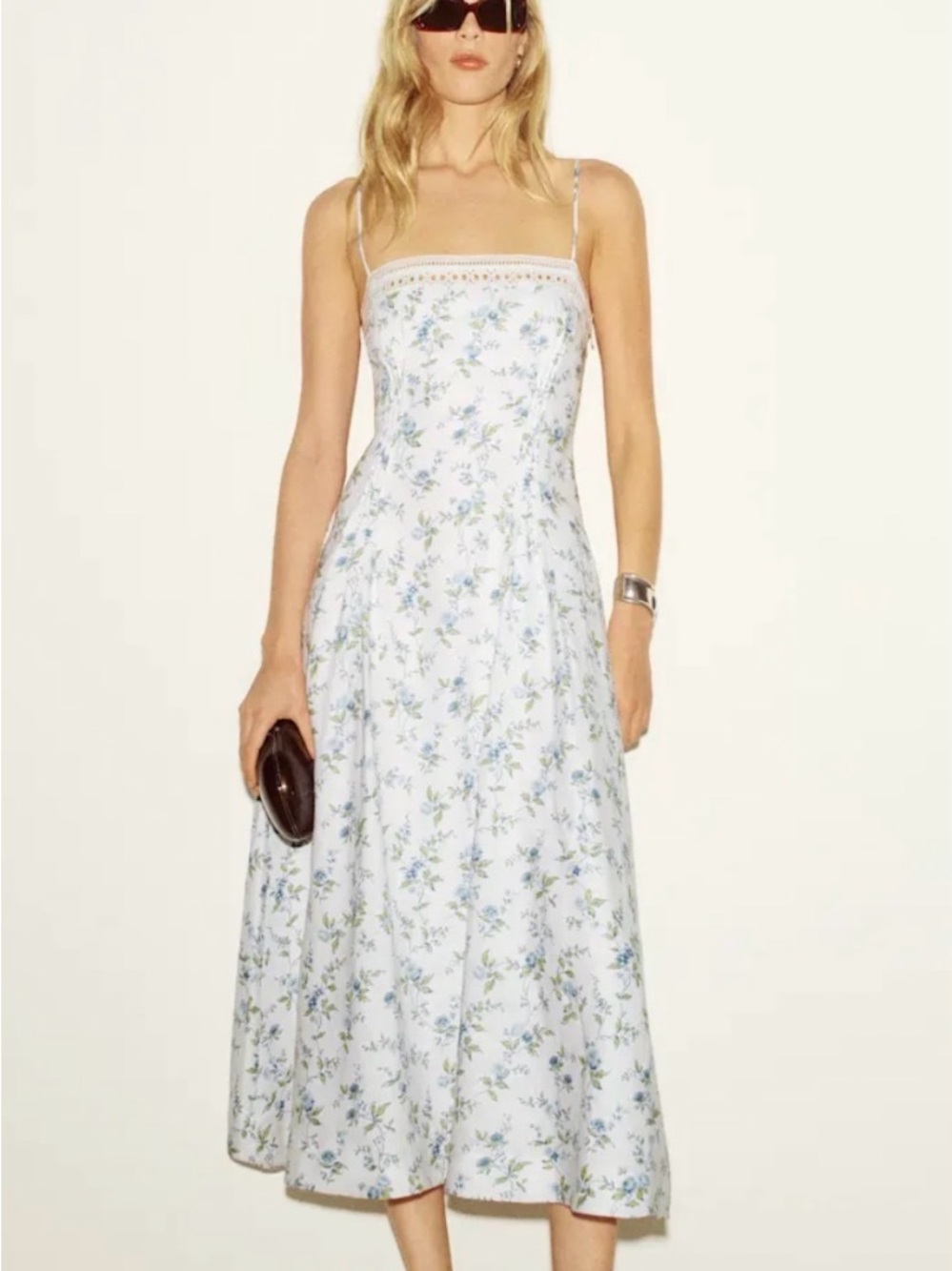 Reformation White Midi Dress with Blue Floral Print